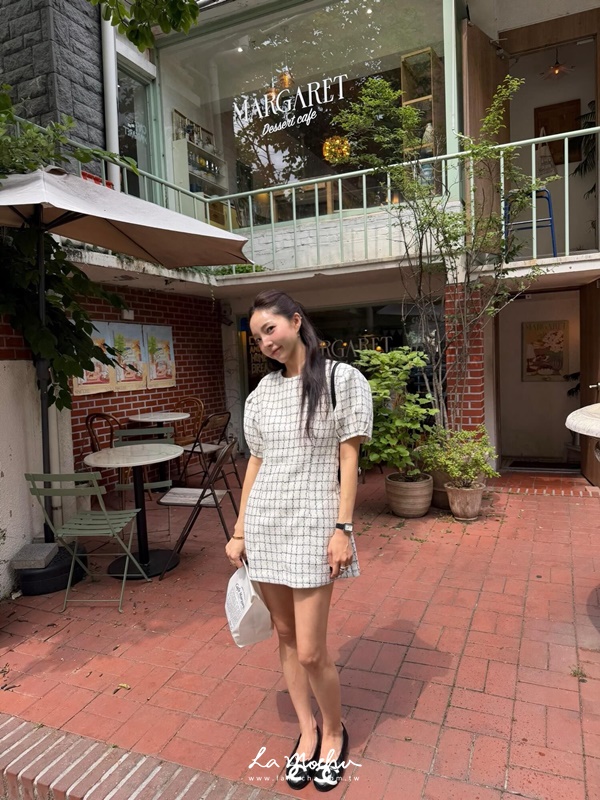 格紋氣質短澎袖洋裝